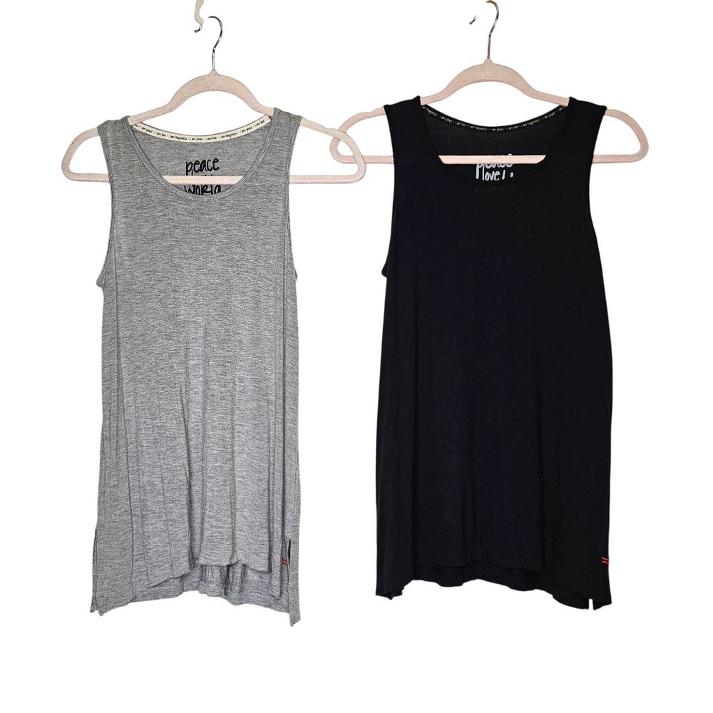 Two Womens‎ Sleeveless Tunic Tanks Gray & Black XS Peace Love Happiness